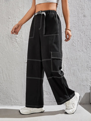 PETITE Top-stitching Flap Pocket Side Cargo Pants