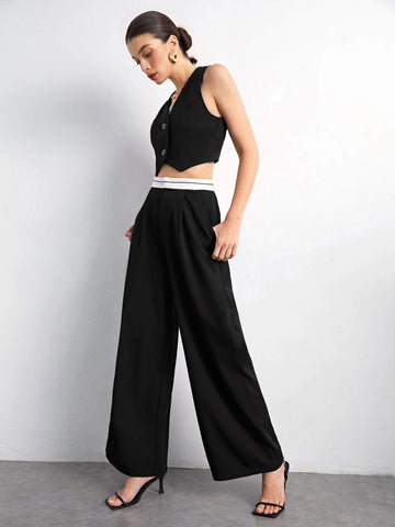 Button Front Vest Jacket & Wide Leg Pants