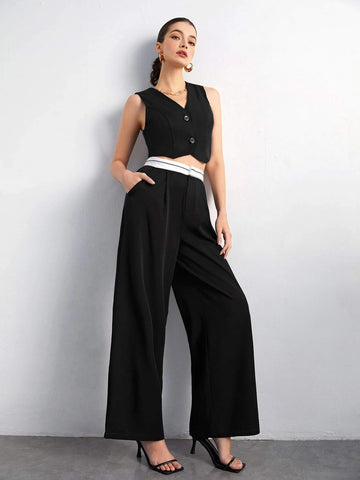 Button Front Vest Jacket & Wide Leg Pants