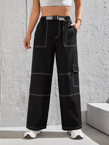 PETITE Top-stitching Flap Pocket Side Cargo Pants