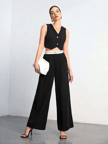 Button Front Vest Jacket & Wide Leg Pants