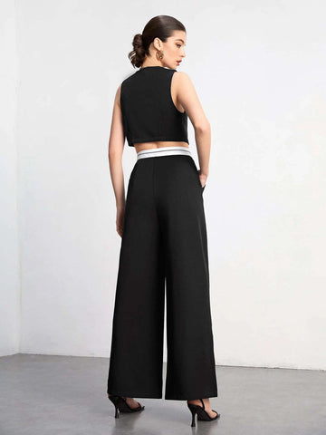 Button Front Vest Jacket & Wide Leg Pants