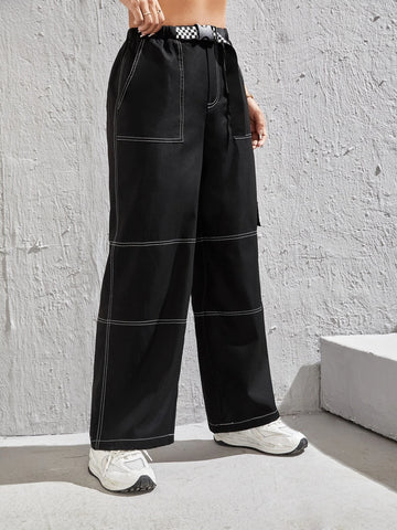 PETITE Top-stitching Flap Pocket Side Cargo Pants