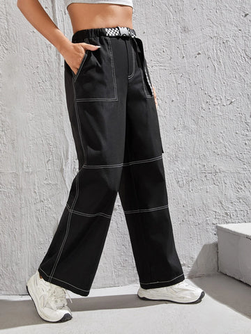 PETITE Top-stitching Flap Pocket Side Cargo Pants
