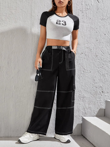 PETITE Top-stitching Flap Pocket Side Cargo Pants