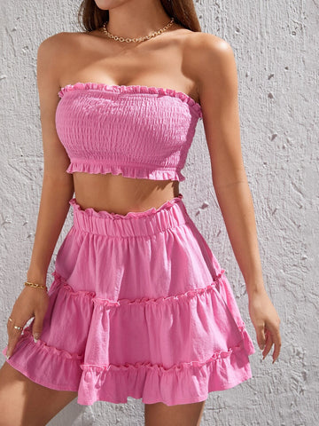 Shirred Frill Trim Tube Top & Ruffle Hem Skirt