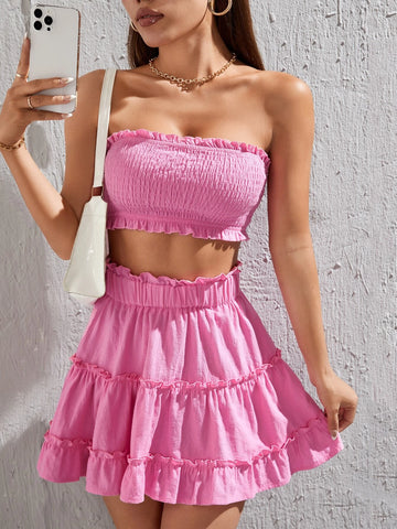 Shirred Frill Trim Tube Top & Ruffle Hem Skirt