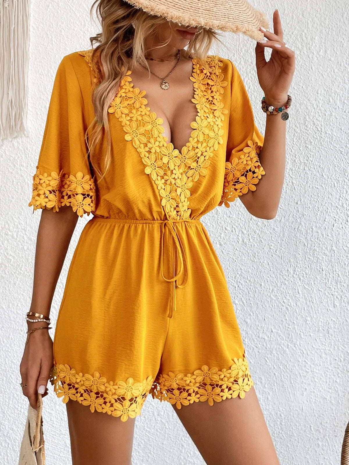 Guipure Lace Panel Knot Front Romper