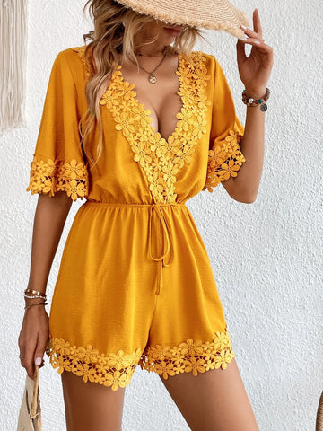 Guipure Lace Panel Knot Front Romper