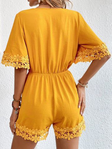 Guipure Lace Panel Knot Front Romper