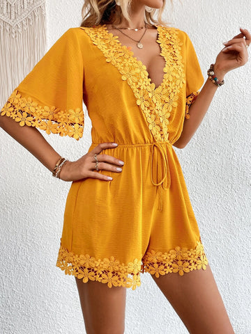 Guipure Lace Panel Knot Front Romper