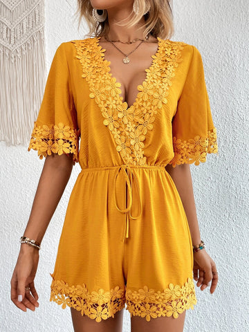 Guipure Lace Panel Knot Front Romper