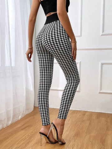 Contrast Waistband Houndstooth Print Skinny Pants
