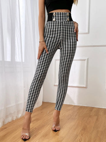 Contrast Waistband Houndstooth Print Skinny Pants
