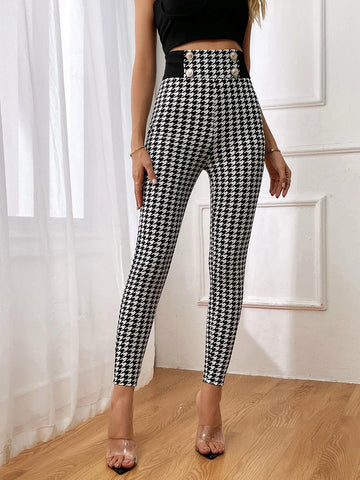Contrast Waistband Houndstooth Print Skinny Pants