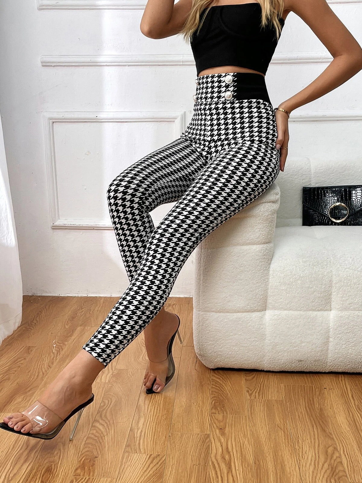 Contrast Waistband Houndstooth Print Skinny Pants