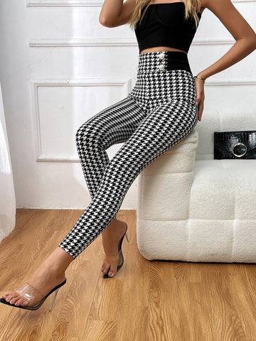 Contrast Waistband Houndstooth Print Skinny Pants