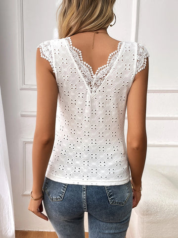 VCAY Contrast Lace Eyelet Embroidery Tee