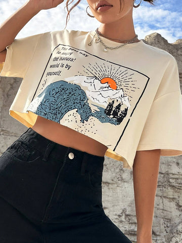 EZwear Wave & Slogan Graphic Crop Tee