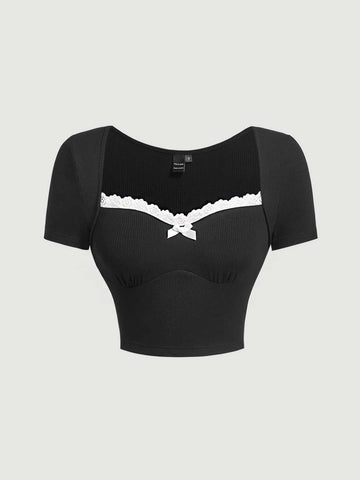 Contrast Lace Bow Front Tee
