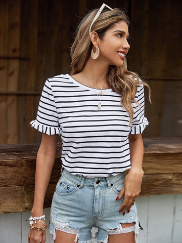 Frenchy Striped Print Crisscross Back Flounce Sleeve Tee