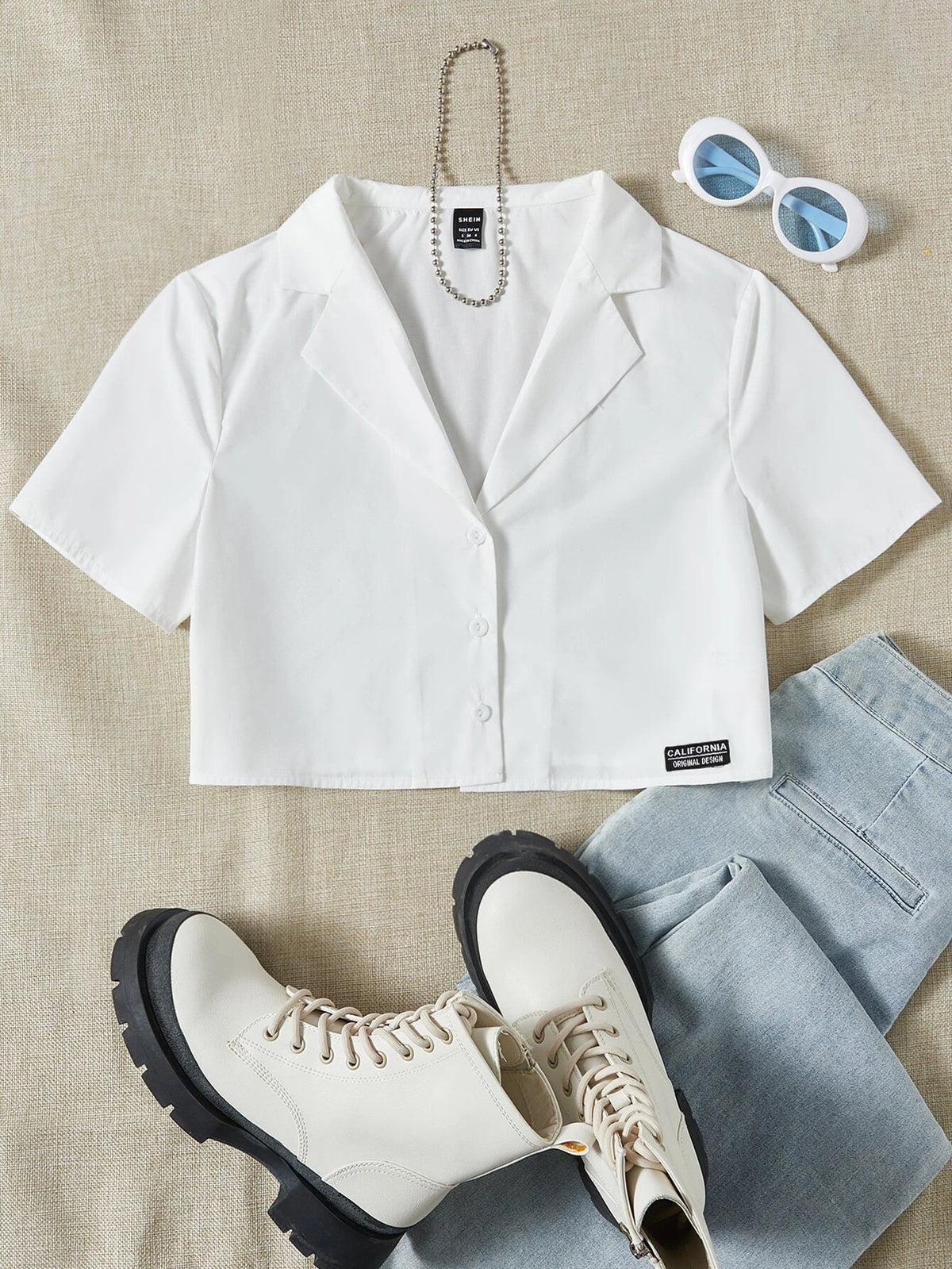 Letter Patched Detail Lapel Neck Crop Shirt