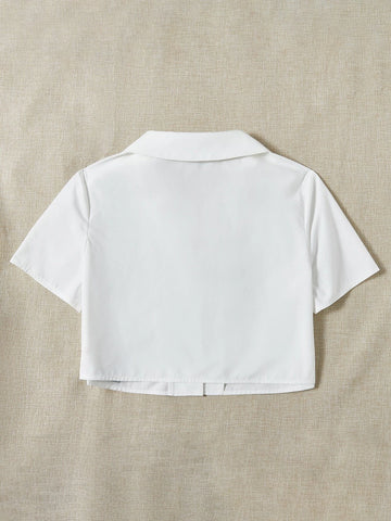 Letter Patched Detail Lapel Neck Crop Shirt