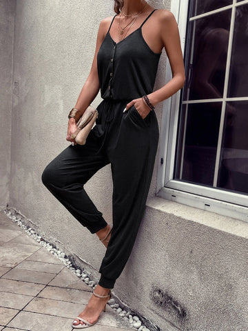 EMERY ROSE Button Front Knot Waist Cami Jumpsuit