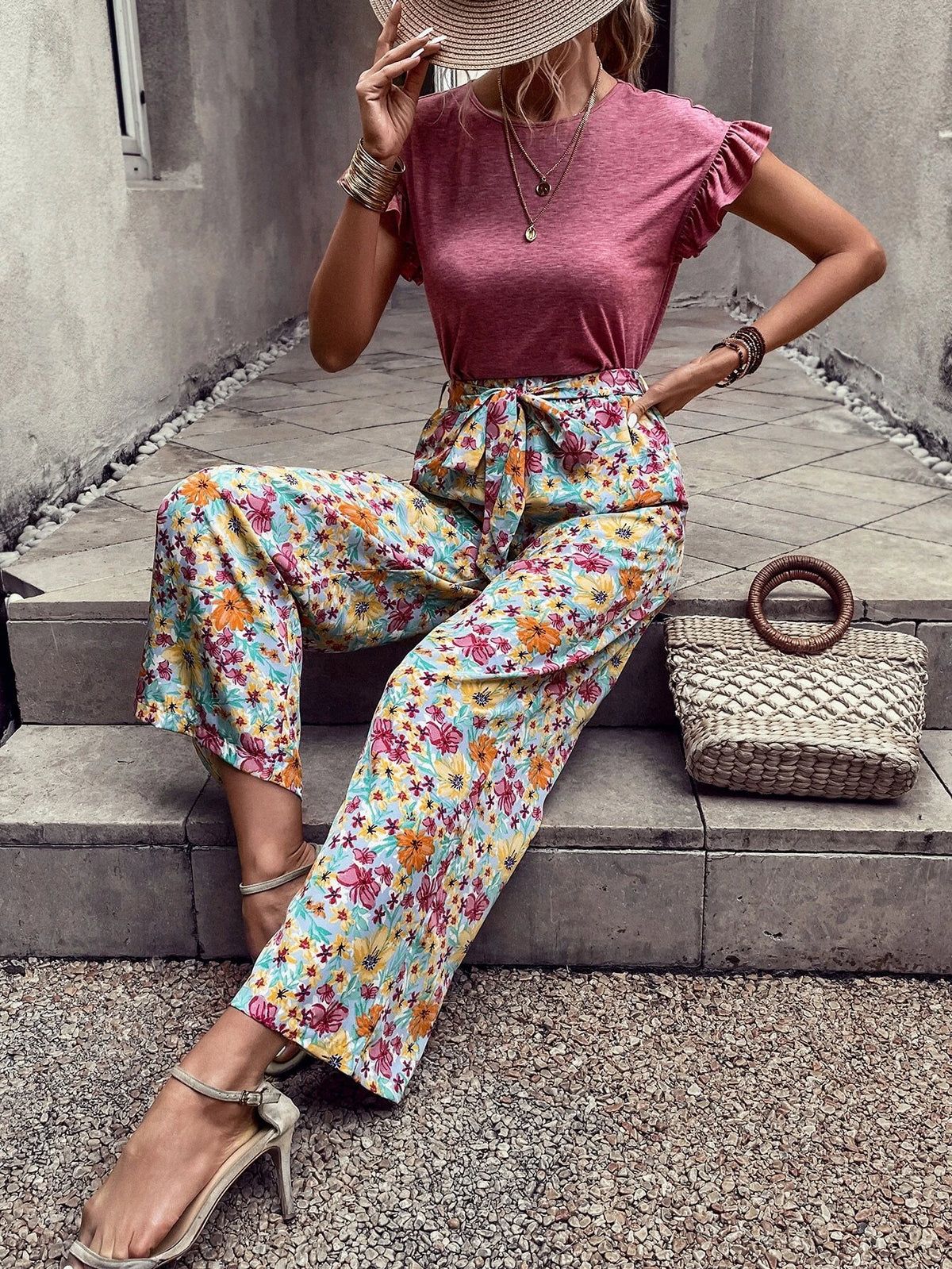 EMERY ROSE Ruffle Trim Tee & Floral Print Belted Wide Leg Pants