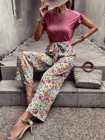 EMERY ROSE Ruffle Trim Tee & Floral Print Belted Wide Leg Pants