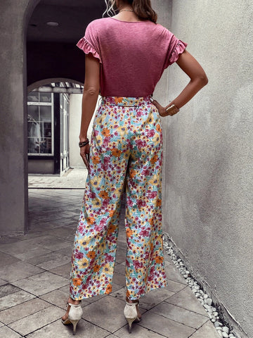 EMERY ROSE Ruffle Trim Tee & Floral Print Belted Wide Leg Pants