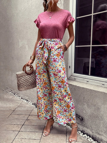 EMERY ROSE Ruffle Trim Tee & Floral Print Belted Wide Leg Pants