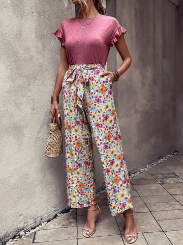 EMERY ROSE Ruffle Trim Tee & Floral Print Belted Wide Leg Pants