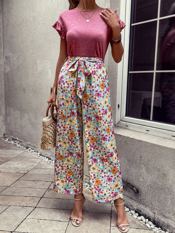 EMERY ROSE Ruffle Trim Tee & Floral Print Belted Wide Leg Pants
