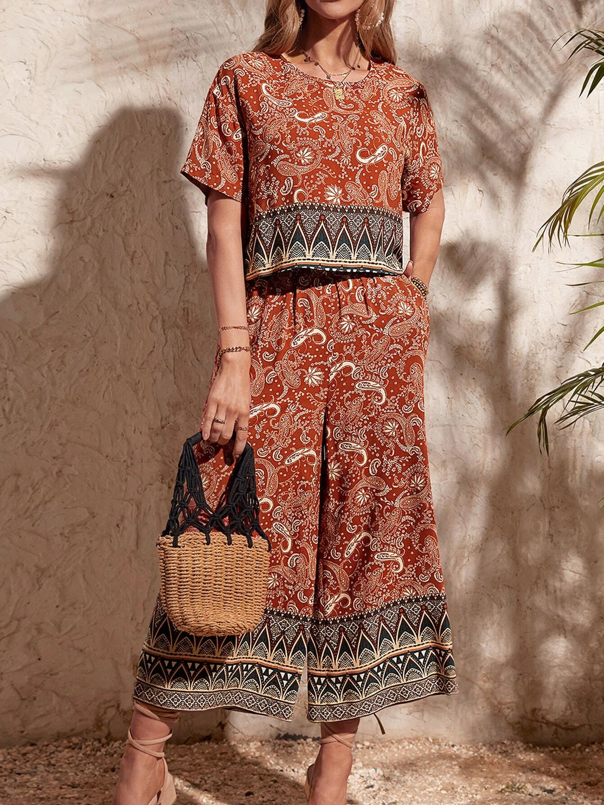 EMERY ROSE Paisley Print Blouse & Wide Leg Pants