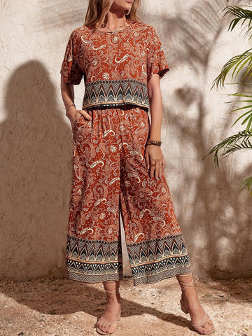 EMERY ROSE Paisley Print Blouse & Wide Leg Pants