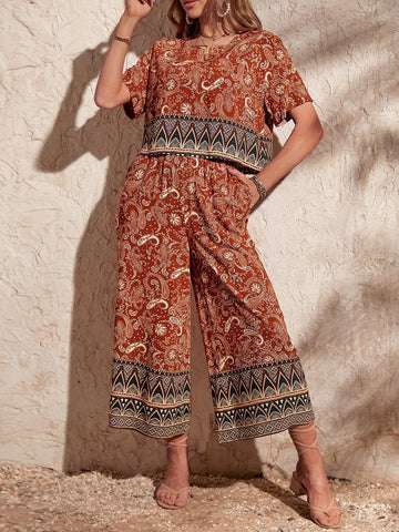 EMERY ROSE Paisley Print Blouse & Wide Leg Pants
