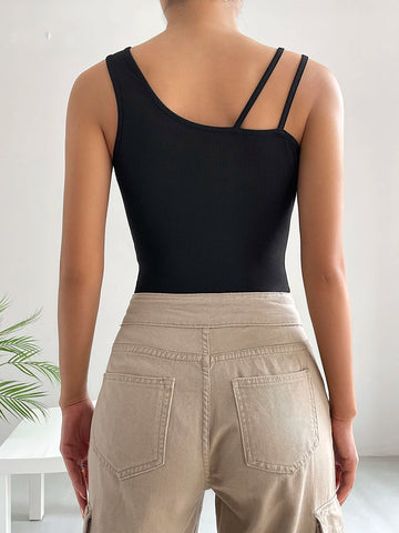 Solid Asymmetrical Neck Bodysuit
