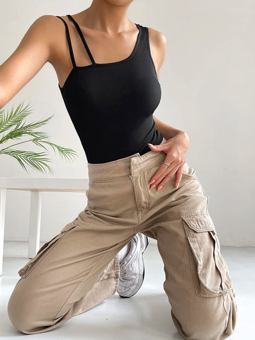 Solid Asymmetrical Neck Bodysuit