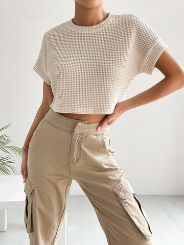 EZwear Solid Waffle Knit Batwing Sleeve Tee