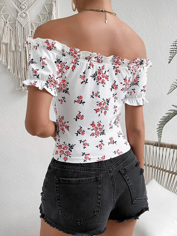 VCAY Floral Print Off Shoulder Knot Front Tee