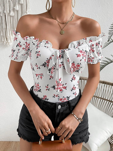 VCAY Floral Print Off Shoulder Knot Front Tee