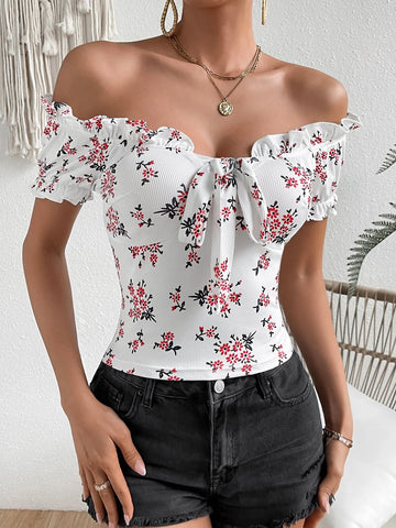 VCAY Floral Print Off Shoulder Knot Front Tee