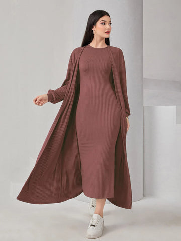 Solid Lantern Sleeve Coat & Ribbed Knit Dress