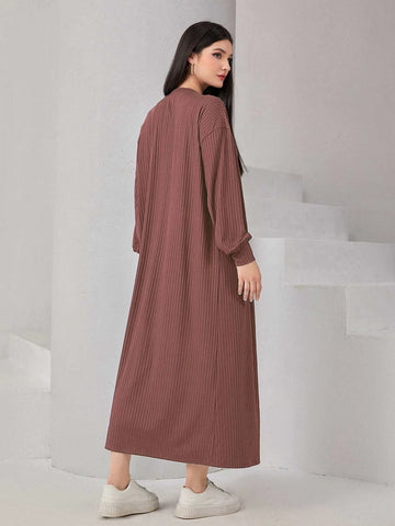Solid Lantern Sleeve Coat & Ribbed Knit Dress