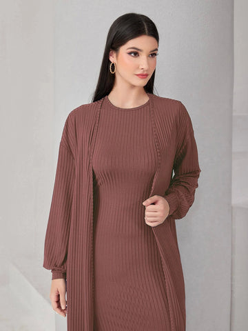 Solid Lantern Sleeve Coat & Ribbed Knit Dress