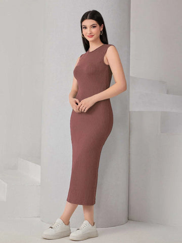 Solid Lantern Sleeve Coat & Ribbed Knit Dress