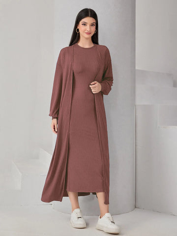 Solid Lantern Sleeve Coat & Ribbed Knit Dress