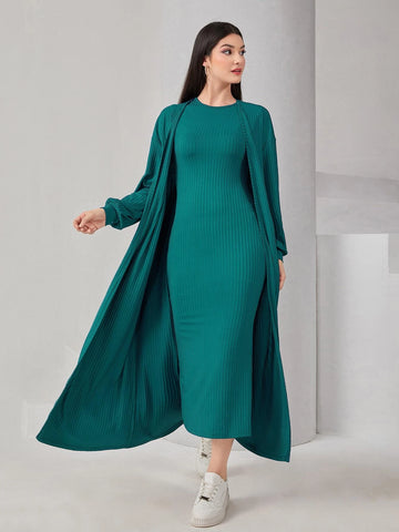 Solid Lantern Sleeve Coat & Ribbed Knit Dress