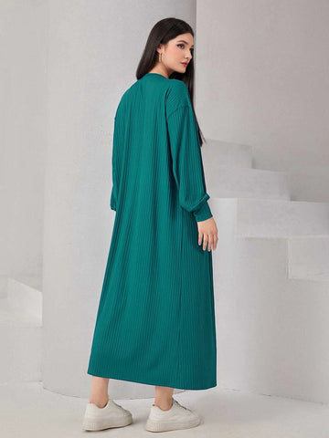 Solid Lantern Sleeve Coat & Ribbed Knit Dress